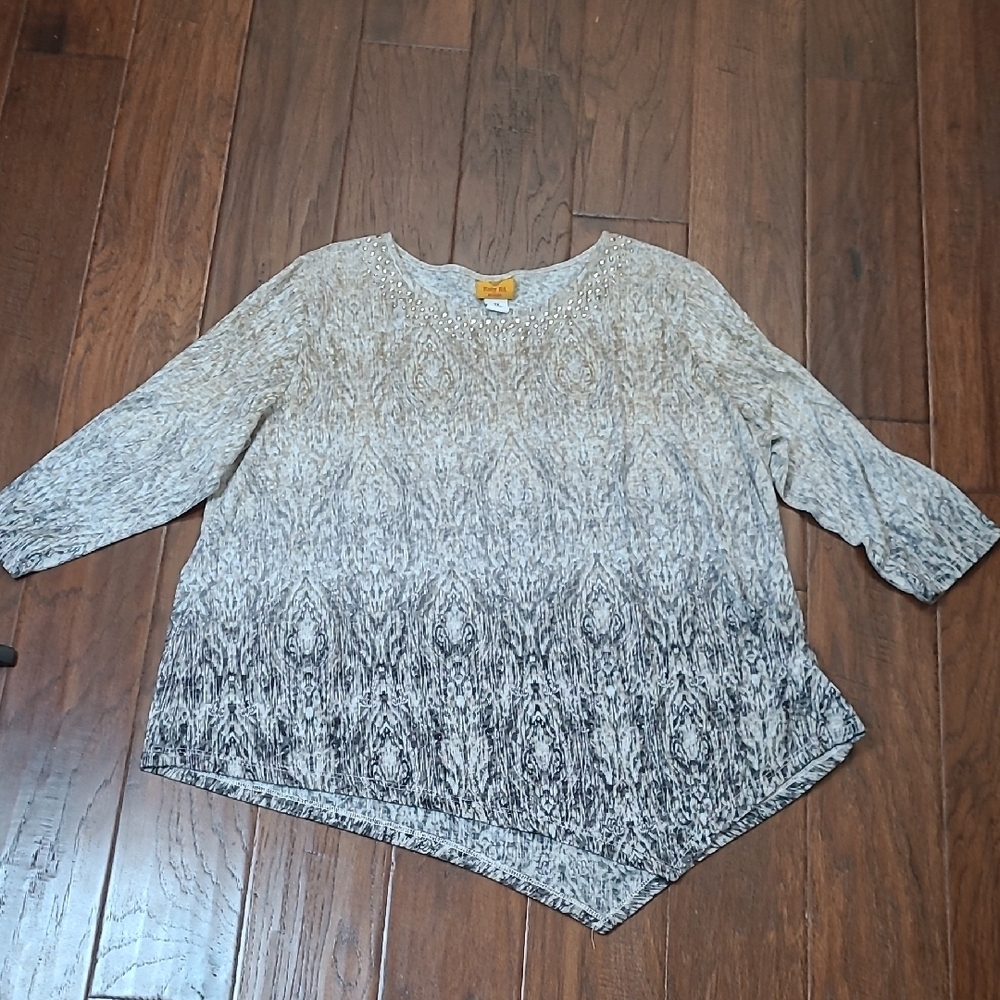 Ruby Rd Gold/Grey/Black Gradient Patterned Asymmetrical Blouse size 2X